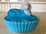 Vintage Blue Milk Glass Dog On A Nest