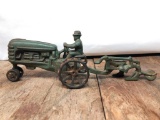 Vintage Cast Iron Tractor & Driver Pulling 2-Bottom Plow