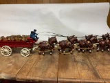 Clydesdale Style Cast Iron Horses & Beer Wagon W/Barrels