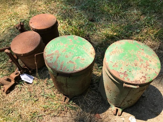 Vintage Buckets with Gears for John Deere Seeder and Two Unknown Buckets with Gears