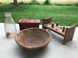 Two Vintage Wood Toys, Wood Bowl and 3 Cent Milk Bottle