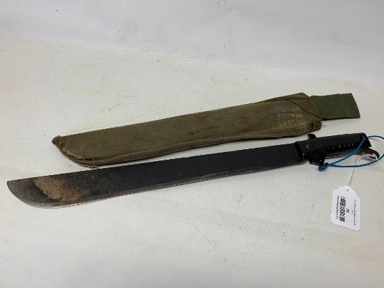 WWII Era Machete In Canvas Sheath Marked "Ontario Knife Co."