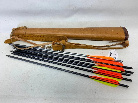 (6) Horton 2216 & (1) Horton LS2 Crossbow Aluminum Arrows In Leather Quiver