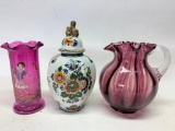 Glass pitcher, Vase, & Lidded Urn