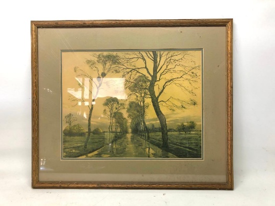 Framed & Matted Print W/Trees Along Road (Unsigned)