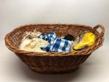 Vintage Laundry Basket W/Table Cloth & Crocheted Items