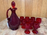 Fenton Ruby Hobnail Decanter & (8) Glasses