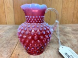 Fenton Cranberry Opalescent Hobnail Pitcher W/Applied Handle