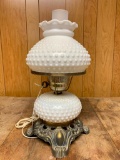 Vintage Electric Lamp W/Fenton White Hobnail Base & Shade