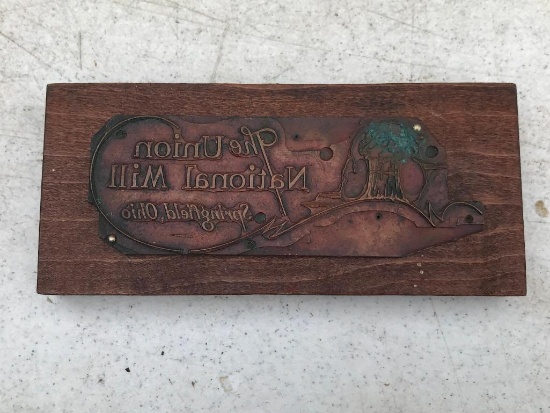 Vintage "Union National Mill" Copper Printers Plate