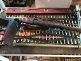 Shelf of Vintage and Antique Tools, Level, Fire Place Tongs and Many More