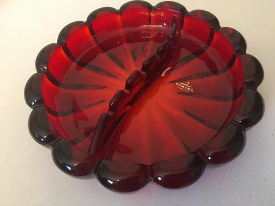 Vintage Viking Red Glass Ashtray-Original Label