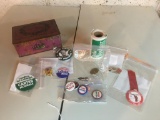 Group of Political Pins, John Boehner Stickers and Some Costume Jewelry in Vintage Tin