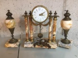 Antique French, Marble and Metal Mantle Clock with Two Side Pieces