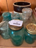 Brown & White Crock & Aqua Canning Jars