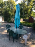 Glass Top Patio Table and Plastic Chairs with Umbrella