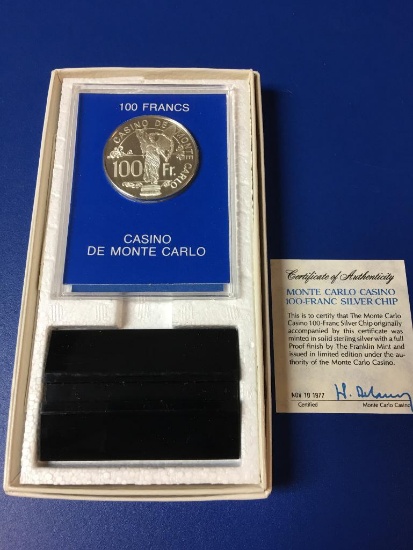 Monte Carlo Casino, 100 Franc Silver Chip, MInted in Solid Sterling Silver