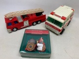 Battery Operated Fire Truck, Ideal Emergency Van, & Hallmark Fireman Ornament