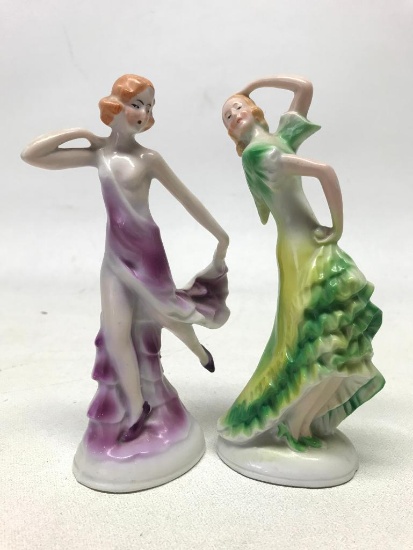 (2) Vintage German Porcelain "Dancing Ladies" In 1920's Era Dresses