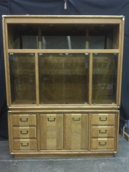 Large, Oak Finish Wall Unit with Lights and Shelving