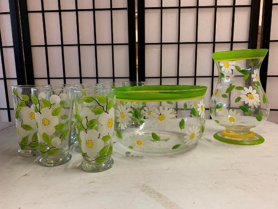 (8) Glasses, Bowl, & Vase W/Hand Painted Flowers
