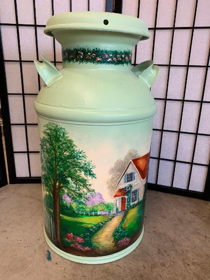 Antique Milk Can W/Lid & Nice Painting