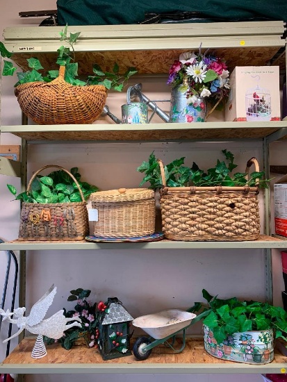 3-Shelves Of Baskets, Watering Cans, & Hand Painted Items
