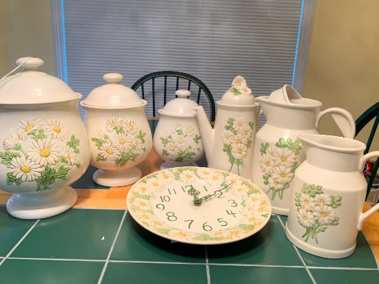 Vintage Canister Set, Clock, & Pitchers W/Embossed Daisy's (7 Pcs. Total)