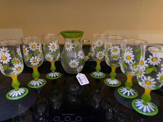 Vintage Hand Painted Pitcher W/(7) Matching Glasses-Painted Daisy's