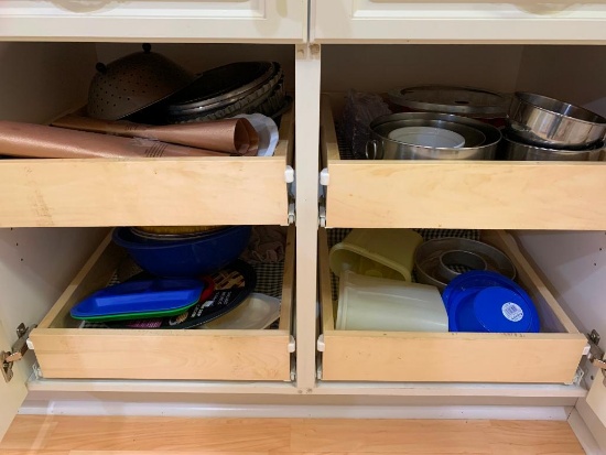 Kitchen Cabinet W/Baking Items, Stainless Bowls, Tupperware, & More!