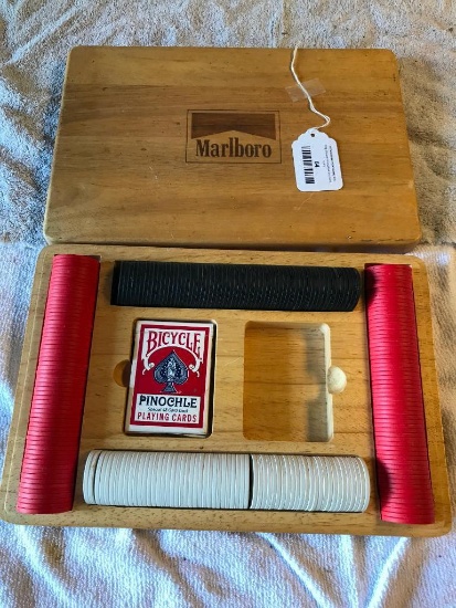 Marboro Poker Chips and One Deck of Cards in a Wood Case