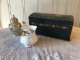 Vintage Wood Box, Two Porcelain, Decorative Items