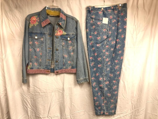 Susan Bristol Denim Jacket W/Denim Flower Design Pants