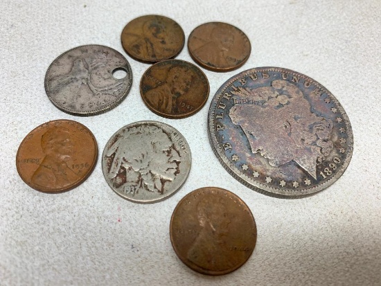 Coins! 1890-O Morgan Dollar, 1937 Buffalo Nickle, & Wheat Pennies