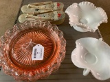 (4) Pink Depression Glass Plates, Hobnail Milk Glass, & Oriental Shoes