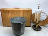 Vintage Brass Lamp W/Shade, Bucket, & Vintage Luggage (worn)