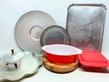 Group Of Aluminum Serving Trays & Pyrex Dish