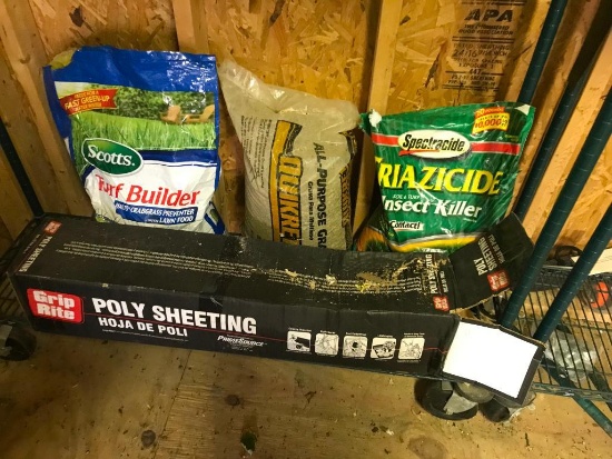 Plastic Sheeting, Bag of Gravel, Turf Builder and Insect Killer