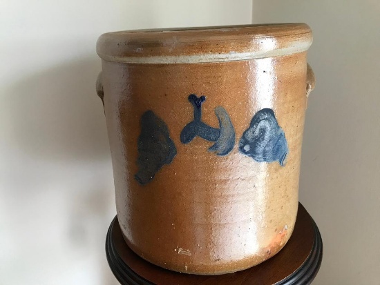 Antique Stoneware Crock W/Handles & Cobalt Blue Decoration