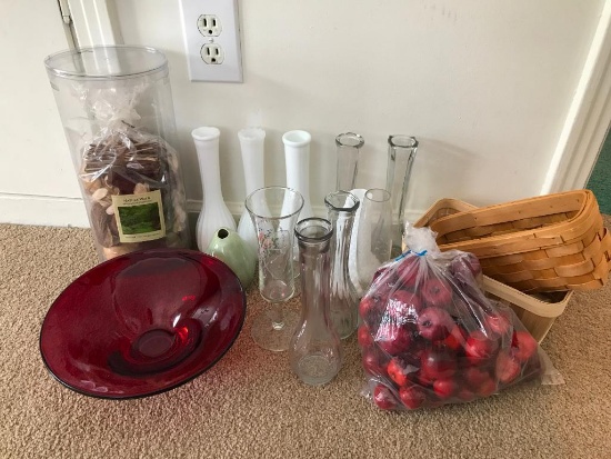 Glass Bud Vases, Red Bowl, & Baskets