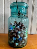 Aqua Quart Canning Jar (1908) W/Marbles