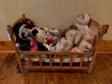 Vintage Wooden Doll Bed & Stuffed Animals