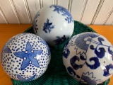 (3) Porcelain Blue/White Carpet Balls