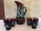 Beautiful Amethyst Enameled Pitcher W/(6) Matching Water Glasses