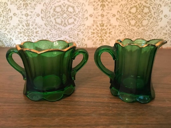 Early American Pressed Glass Cream & Sugar In Green