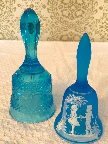(2) Blue Glass Bells: (1) Mary Gregory & (1) Made In Italy