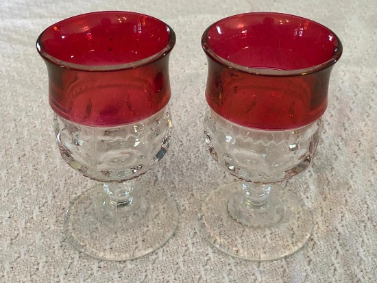 (2) Ruby Flash Kings Crown Brandy Glasses