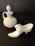 Milk Glass Hobnail Cruet & Cat Slipper