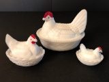 (3) Vintage Milk Glass Hens-On-Nests