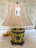 Decorated Pottery Lamp W/Cloth Shade